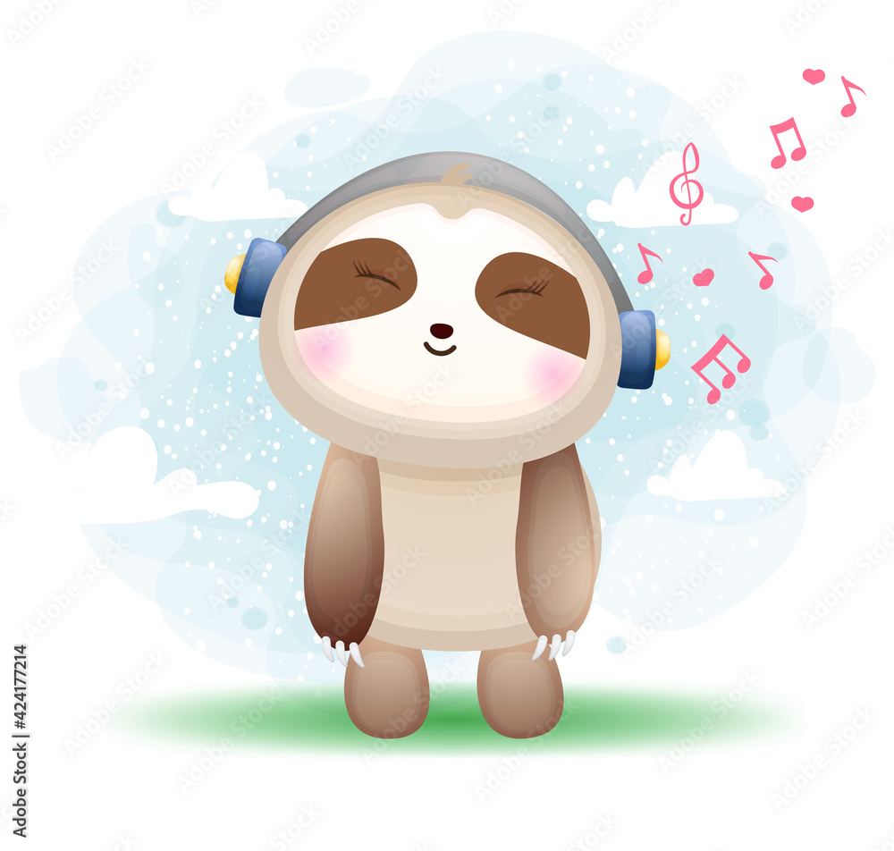 Fototapeta premium Cute happy doodle sloth listening music cartoon character Premium Vector