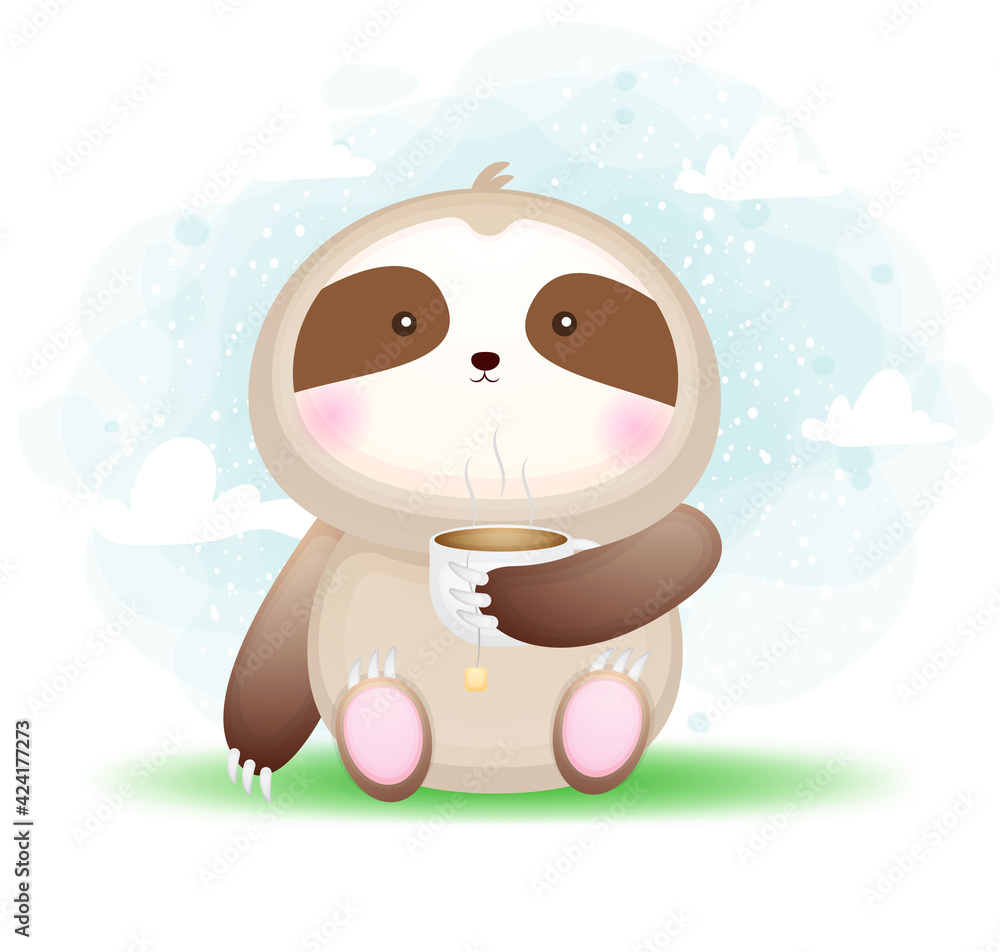 Fototapeta premium Cute doodle baby sloth holding tea cup cartoon illustration. animal food Premium Vector
