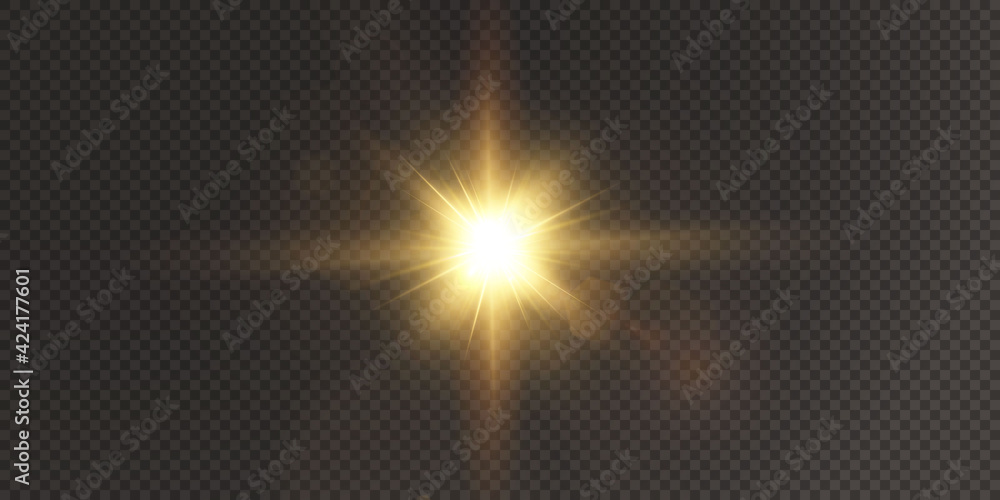 The sun is shining bright light rays with realistic glare. Light star on a transparent black background. Light star gold png. Light sun gold png. Light flash gold png. vector illustrator. Powder PNG	