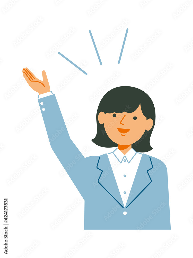 上向きで案内をするスーツ姿の女性