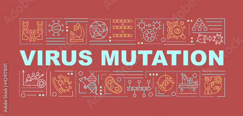Virus mutation word concepts banner. Antibiotics resistance. Increased transmission speed. Infographics with linear icons on red background. Isolated typography. Vector outline RGB color illustration