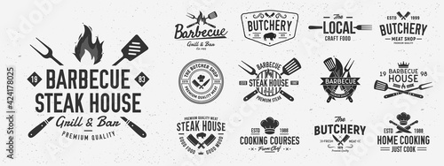 Vintage Barbecue logo set. Set of 13 bbq logo templates. Steak House, cafe, restaurant menu. BBQ, Butchery, Restaurant, Cooking class, Grill emblems. Trendy vintage hipster design. Vector illustration