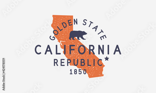 California State logo, emblem, label. The Golden State. Print for T-shirt, typography. USA California vintage design. California map. San Francisco, San Diego, Los Angeles emblem. Vector illustration photo