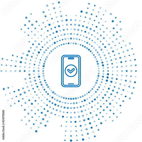 Blue line Smartphone, mobile phone icon isolated on white background. Abstract circle random dots. Vector