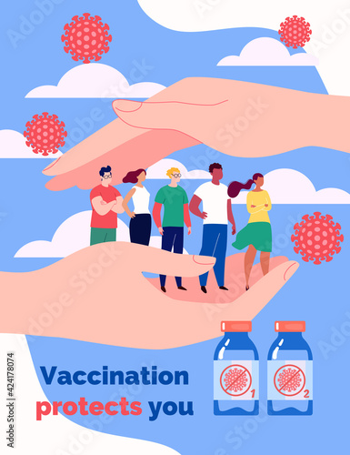 Vaccination concept. Hands protect people from the virus. Men and women queuing up for the vaccine. Vector illustration in flat cartoon style.