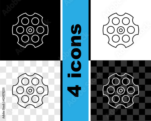 Set line Revolver cylinder icon isolated on black and white, transparent background. Vector