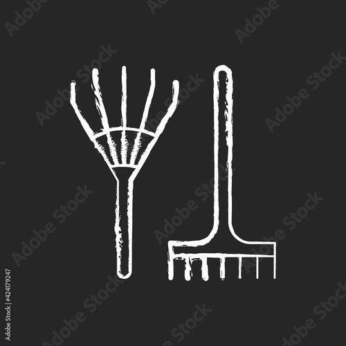 Rake chalk white icon on black background. Gathering leaves and grass together. Hand-rakes. Long-handled garden tool. Raking hay. Cleaning up dead plants. Isolated vector chalkboard illustration