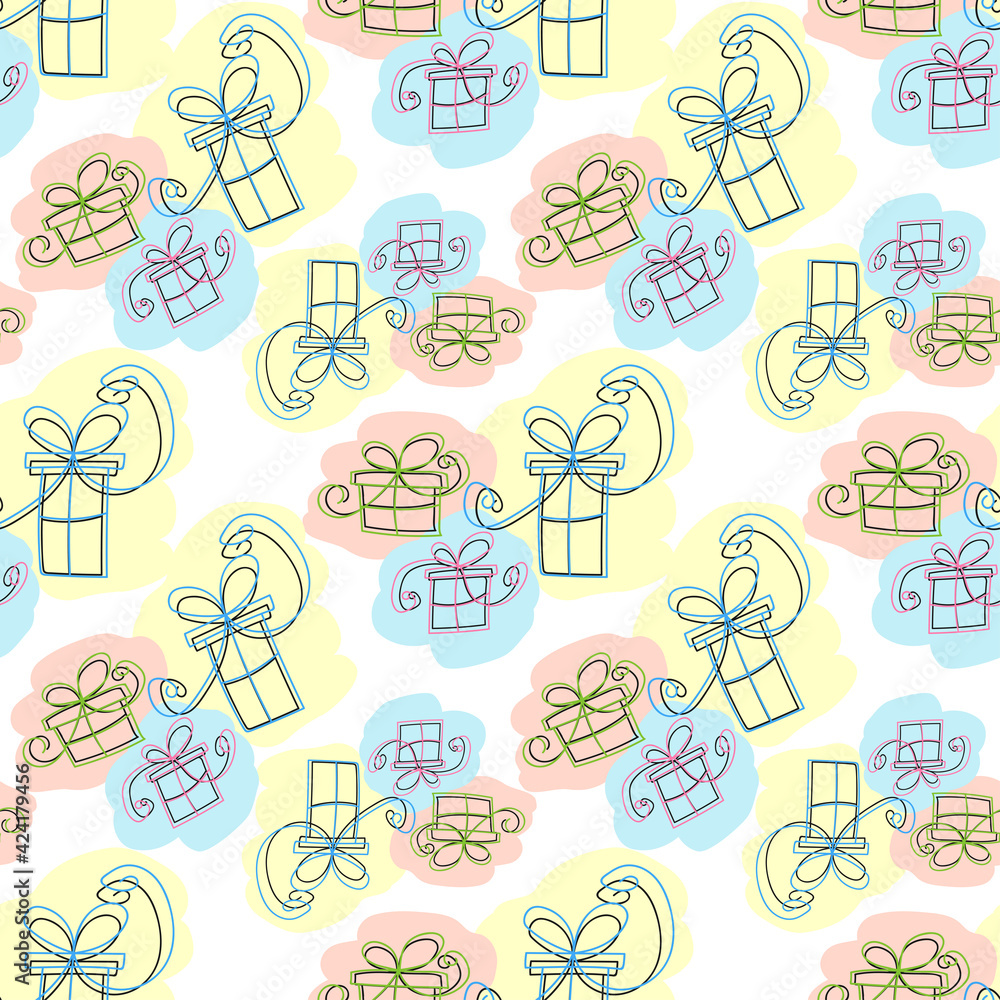 Seamless pattern with hand drawn Birthday presents, vector. Birthday gift boxes over white background