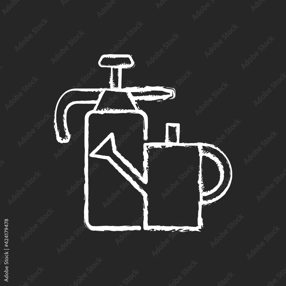 Watering can and hand sprayer chalk white icon on black background. Healthy garden maintenance. Fertilizers, herbicides application. Horticultural purposes. Isolated vector chalkboard illustration Watering can and hand sprayer chalk white icon on black background. Healthy garden maintenance. Fertilizers, herbicides application. Horticultural purposes. Isolated vector chalkboard illustration