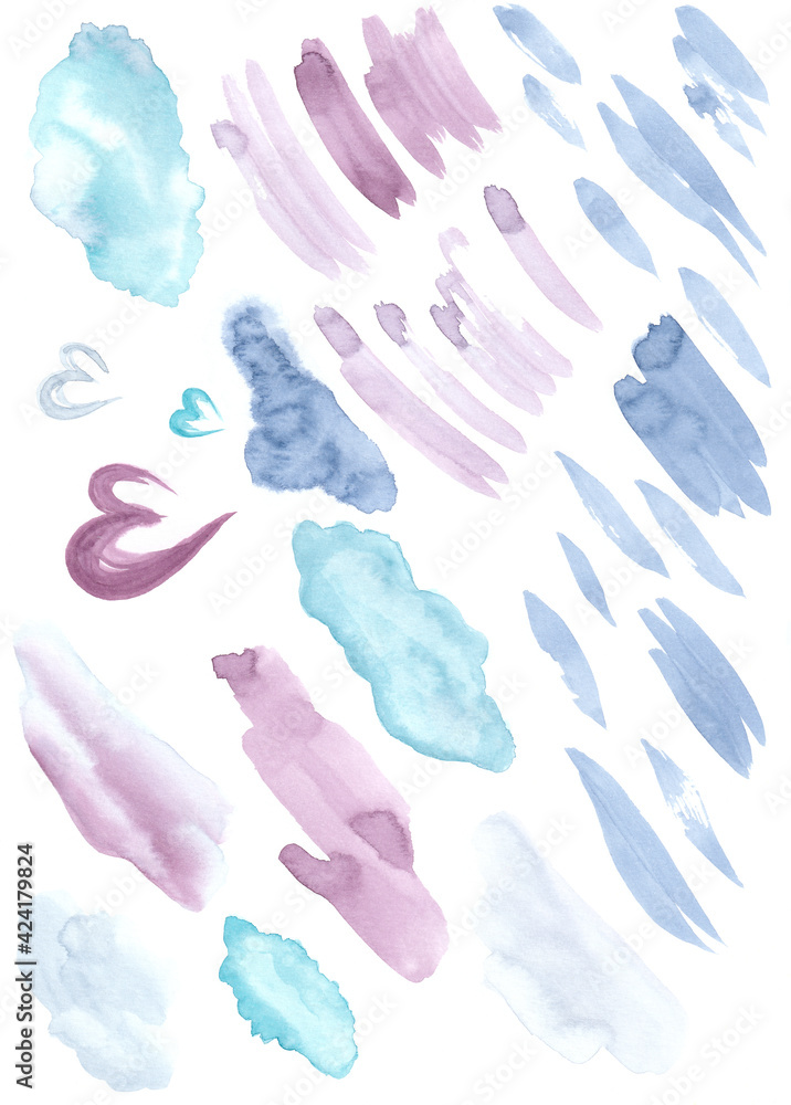 Hand drawn watercolor brush strokes of blue and lilac paint isolated on white background for logos, invitations, business cards. Hand drawn watercolor brush strokes of blue and lilac paint isolated on white background for logos, invitations, business cards.