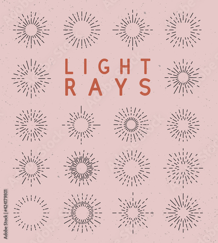 Sunbursts, Starburst. Set of 18 vintage sunbursts with editable stroke. Circle starburst decoration for logo, label, badge designs. Trendy vintage hipster design. Vector illustration
