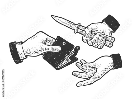 robbery with a knife sketch engraving vector illustration. T-shirt apparel print design. Scratch board imitation. Black and white hand drawn image.