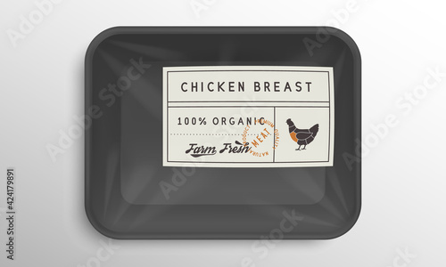 Vector Meat plastic box mockup. Chicken meat label with hen silhouette. Empty food box mockup with sticker of chicken meat. Package for meat products. Templates for supermarket, grocery store. 
