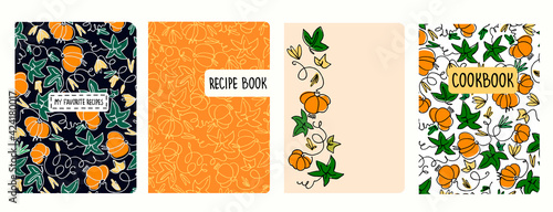 Cover page templates for recipe books based on seamless patterns with pumpkins. Headers isolated and replaceable