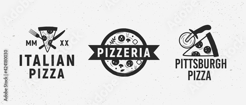Pizza vintage hipster logo set. Vintage logo for pizzeria, restaurant, cafe. Emblems with pizza, pizza slice, fork and knife, round knife for pizza. Vector illustration