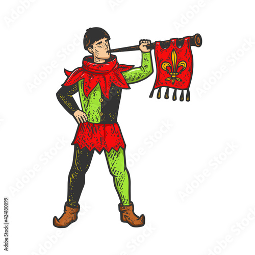 medieval trumpeter color sketch engraving vector illustration. T-shirt apparel print design. Scratch board imitation. Black and white hand drawn image.