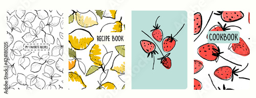 Cover page templates for recipe books based on seamless patterns with lemons and strawberries