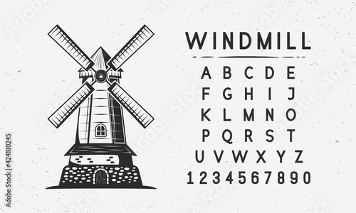 Mill vintage old logo. Vintage minimal grunge font. Rough vintage font. Windmill vintage hipster design. Vector illustration
