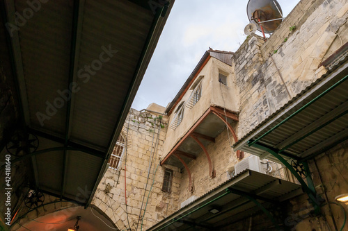 Old buildings on a rainy day near the Yafo Gate in the old city of Jerusalem, Israel