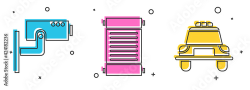 Set Security camera, Decree, paper, parchment, scroll and Police car and flasher icon. Vector