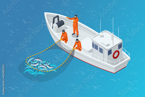 Isometric fishing schooner, fishing boat or ship. Fishermen pulling up a net filled with fish. Sea fishing, ship marine industry, fish boat