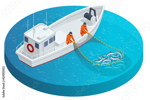 Isometric fishing schooner, fishing boat or ship. Fishermen pulling up a net filled with fish. Sea fishing, ship marine industry, fish boat