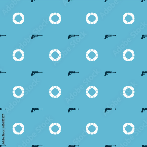 Set Fishing harpoon and Lifebuoy on seamless pattern. Vector