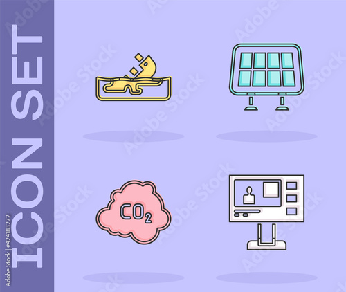 Set Television report, Wrecked oil tanker ship, CO2 emissions in cloud and Solar energy panel icon. Vector