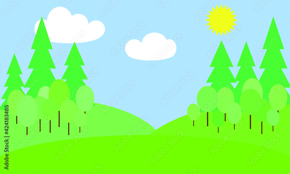 Green hills, forest and blue sky cartoon landscape. Trees wallpaper vector scenery background