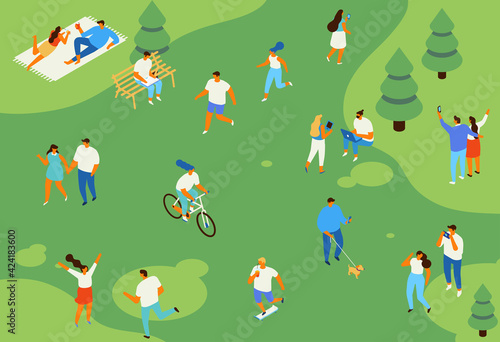 Family picnic and summer rest. People in park leisure and outdoor activity. City park isometry icons of people sitting on bench, playing and reading book vector isometric isolated elements.