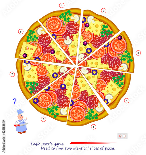 Logic puzzle game for children and adults. Find two identical slices of pizza. Memory exercises for seniors. Printable page for kids brain teaser book. Developing spatial thinking. Play online.