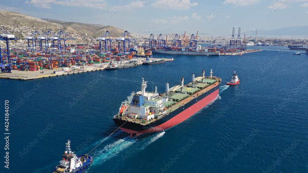 Aerial drone photo of logistics container terminal port in Mediterranean destination