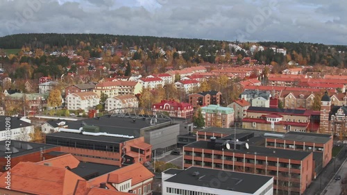  Close flyby church tower of Ostersund city in Sweden on fall day photo