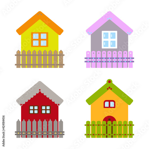 Set of cute houses on white background. Life in a country house concept.