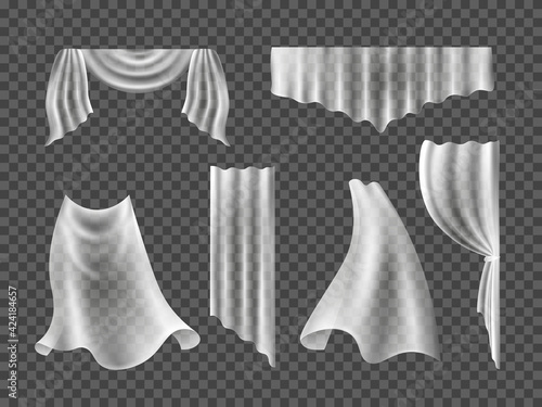 Set of isolated tulle different shapes curtains on transparent background.