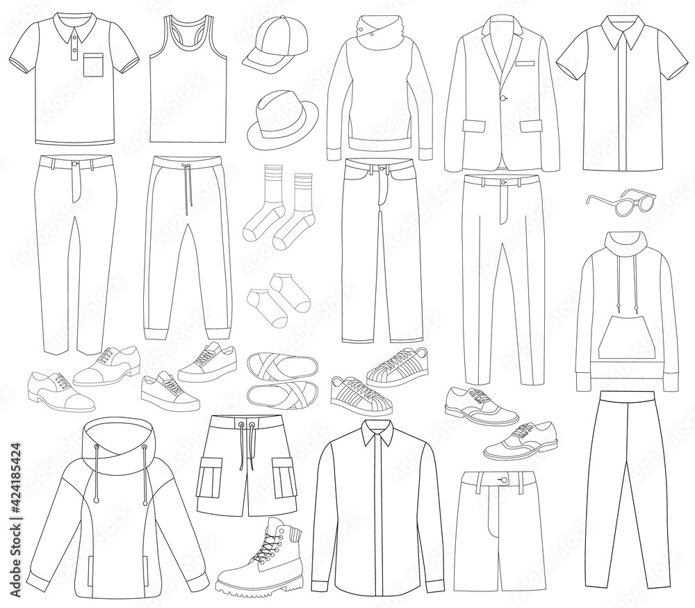 vector, isolated, contour, sketch set of mens clothing vector, isolated, contour, sketch set of mens clothing