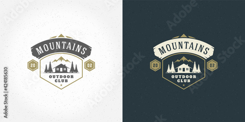 Forest camping logo emblem vector summer camping illustration mountains with cabin and pine trees silhouettes