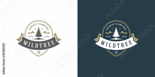 Forest camping logo emblem outdoor adventure vector illustration pine tree silhouette