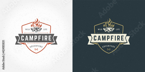 Campfire logo emblem vector illustration outdoor forest camping bonfire silhouette for shirt or print stamp