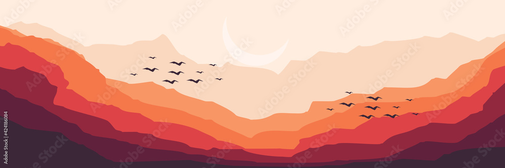 moon eclipse in the mountain flat design vector illustration for web banner, backdrop, wallpaper, background template, tourism poster background, adventure design template and poster background