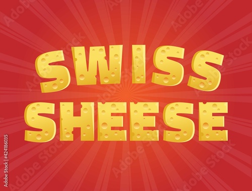 Vector banner with the inscription Swiss cheese on a red background with rays from the center. Cheese and starburst banner