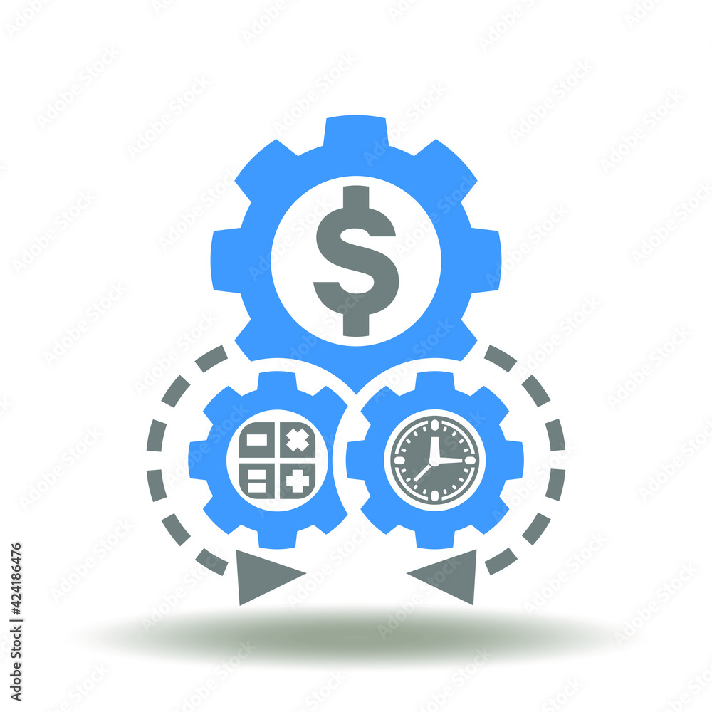 Gears mechanism with dollar, calculator, clock vector icon. Financial operations symbol. Finance management sign. Gears mechanism with dollar, calculator, clock vector icon. Financial operations symbol. Finance management sign.