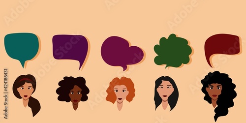 women of different nationalities and different skin colors talk, exchange opinions., African American, Kyrgyz and European