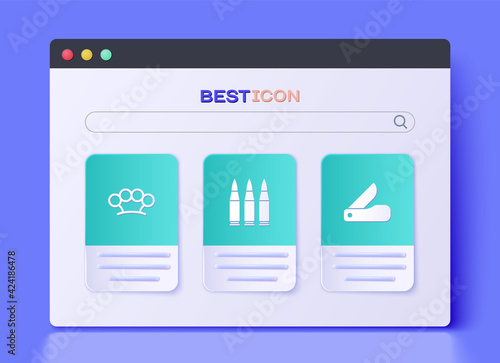 Set Bullet, Brass knuckles and Swiss army knife icon. Vector