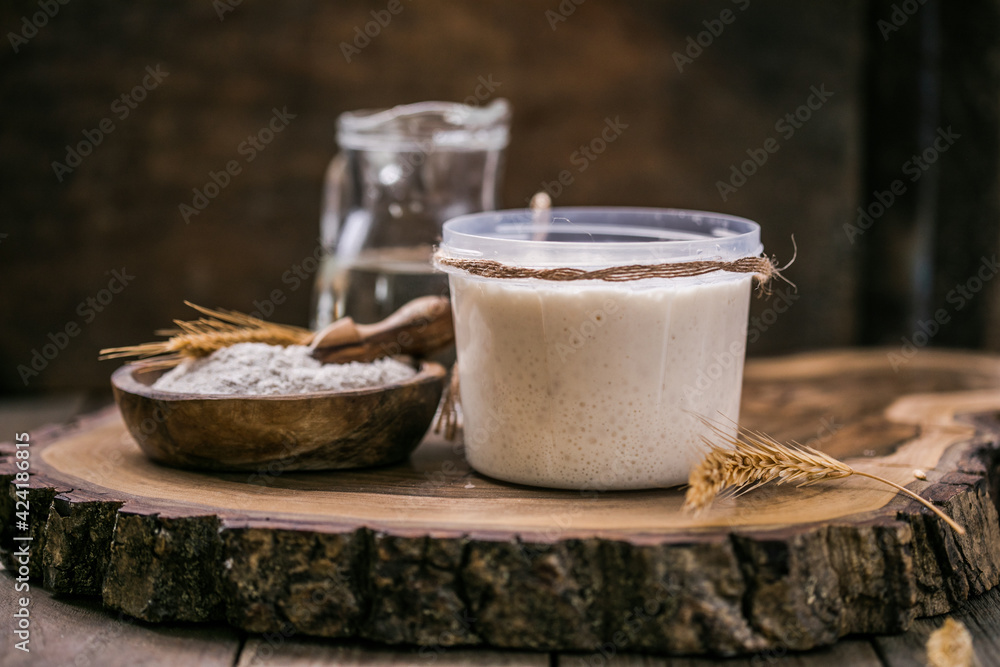 The leaven for bread is active. Starter sourdough ( fermented mixture of water and flour to use as leaven for bread baking). The concept of a healthy diet The leaven for bread is active. Starter sourdough ( fermented mixture of water and flour to use as leaven for bread baking). The concept of a healthy diet