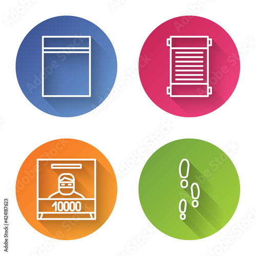 Set line Plastic bag with ziplock, Decree, paper, parchment, scroll, Wanted poster and Footsteps. Color circle button. Vector