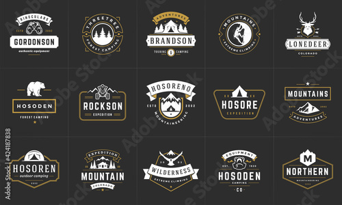 Camping logos and badges templates vector design elements and silhouettes set