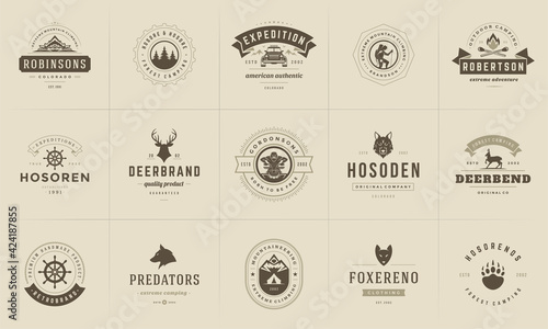 Camping logos and badges templates vector design elements and silhouettes set