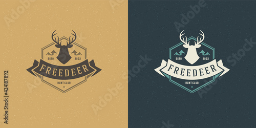 Deer head with horns logo emblem vector illustration reindeer silhouette for shirt or print stamp
