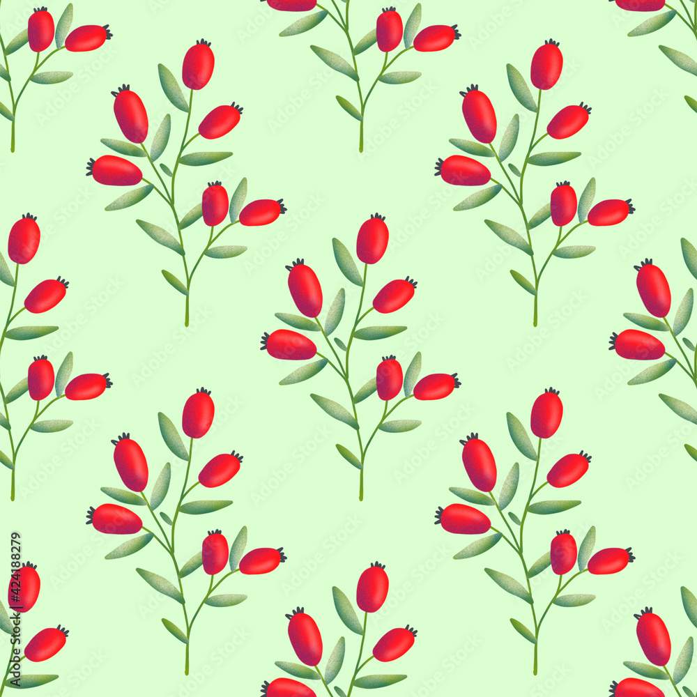 Red Rosehips with flowers and berries seamless pattern for tea. Black and white Graphic drawing, engraving style. hand drawn illustration on green background